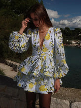 Load image into Gallery viewer, Elegant Print Ruffles Mini Dress Women Deep V Neck Long Sleeves A Line Dresses Female 2025 Spring New Fashion Fluffy Robe Lady