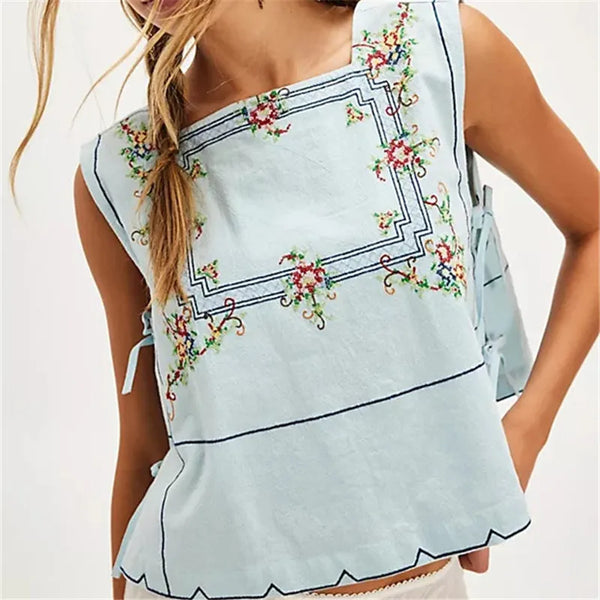 Embroidery Flower Tank Tops for Women Y2K Sleeveless Square Neck Button Front Free Tie Up Cropped Vest Summer Chic Streetwear