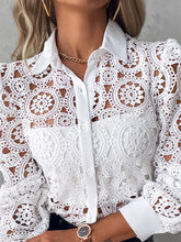 Load image into Gallery viewer, Lace Blouses For Women Elegant Office White Shirt Long Sleeve Button Turn-down Collar Sexy Hollow Tops Fashion Women's Clothing
