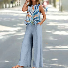 Load image into Gallery viewer, Bohemian Leaf Print Holiday Pants Set Round Neck Elegant Temperament Summer Sleeveless Top And Pants Hawaii Vacation Womenswear