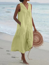 Load image into Gallery viewer, Summer Loose Casual Patchwork Cotton Linen Pocktes Dress V Neck Beach Style Dress Sleeveless Vintage Club Midi Solid Women Dress
