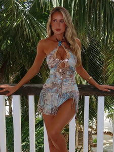 2025 Chic Printed Vest Skirt Bikini Set Lady Sexy Slim Fit Hollow Out Lace Up Sleeveless Suits Summer Holiday Beach Party Outfit