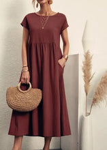 Load image into Gallery viewer, Women Vintage Solid Dress Summer Elegant O Neck Short Sleeve Cotton Linen Dresses Female Casual Loose Sundress Long Dress