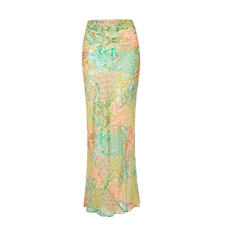 Beach Printed Bikini Skirts Set Women's Sexy Backless Sleeveless Lace-up Swimwear Long Skirt 2025 Summer New Lady Vacation Suit