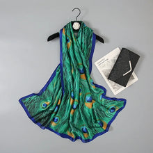 Load image into Gallery viewer, Green Peacock Feather Hijab Summer Beach Pareo Silk Scarf Women Luxury Bandana Soft Long Foulard Femme Designer Bufandas Mujer