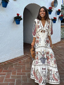 Women Flax Flower Print Maxi Boho Dress Vintage Street V Neck Lantern Sleeve Single Breasted Vestidos Lady Vacation Loose Robes