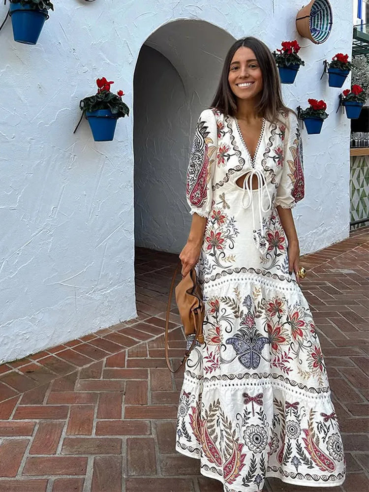 Women Flax Flower Print Maxi Boho Dress Vintage Street V Neck Lantern Sleeve Single Breasted Vestidos Lady Vacation Loose Robes