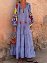 Load image into Gallery viewer, 2024 Autumn Fashion New Women's Loose Long Sleeve Striped Splicing V-neck Lantern Sleeve Printed Loose Long Dress