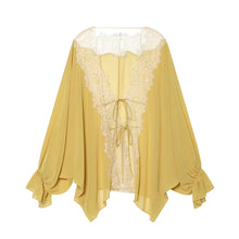 Load image into Gallery viewer, Women Lace Patchwork Lantern Long Sleeve Shirt Top Tie-up Loose Sheer Blouse Elegant Irregular High Street Fashion Lady