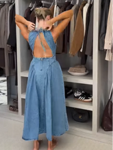 Load image into Gallery viewer, Sexy Women Backless Lace Up High Waisted Denim Dress Fashion O Neck Sleeveless A Line Dresses Spring Chic Lady Street Robes