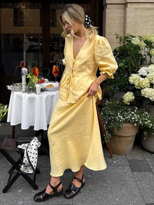 Tossy Summer Ruffled 2 Piece-Set Maxi Skirt For Women V-Neck Lace-Up Short Sleeve Shirts Top And Slim High Waist Long Skirt Sets