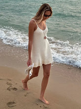 Load image into Gallery viewer, Sexy Crochet Halter V Neck Chic Ruffle Knit Beach Mini Dress 2026 Women Comfy Swimsuit Cover Up Seaside Holiday Club Dresses K58