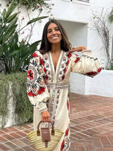 Load image into Gallery viewer, Women Flax Flower Print Maxi Boho Dress Vintage Street V Neck Lantern Sleeve Single Breasted Vestidos Lady Vacation Loose Robes