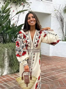 Women Flax Flower Print Maxi Boho Dress Vintage Street V Neck Lantern Sleeve Single Breasted Vestidos Lady Vacation Loose Robes