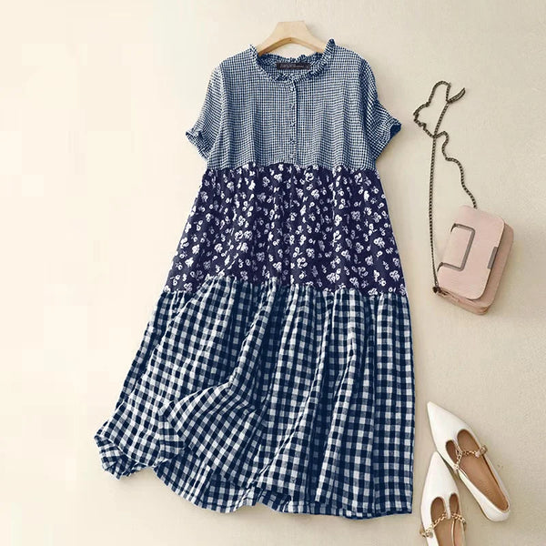 Women Plaid Long Dress 2024 Summer Holiday Pleating Stitching Shirt Dress Casual Loose Short Sleeve Robe Fashion Sundress