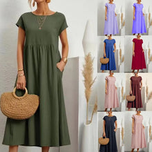 Load image into Gallery viewer, Women Vintage Solid Dress Summer Elegant O Neck Short Sleeve Cotton Linen Dresses Female Casual Loose Sundress Long Dress