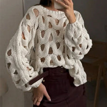 Load image into Gallery viewer, Sexy Hollow Out Long Sleeved Knitted Sweater Summer Beach O-neck Crochet Pullover Casual Solid Color Women's Loose Top Blouses