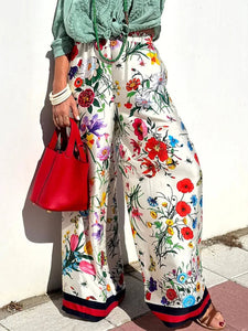 Women's Fall Casual Outfits Floral Print Long Sleeve Button Down Lapel Shirt with Elastic Waist Wide Leg Pants Sets Streetwear