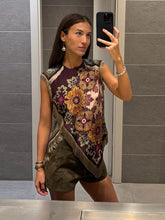 Load image into Gallery viewer, Fashion Floral Print Top With Fringe Trim For Women Vintage O-neck Sleeveless Asymmetric Hem Satin Blouse Lady 2026 Chic Tops