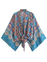 Load image into Gallery viewer, Vintage Boho Kimono Short Robe Women Fashion 2024 Floral Batwing Sleeves Rayon Bohemian Bikini Cover Up Beachwear