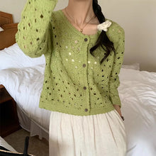 Load image into Gallery viewer, Long Sleeve Crochet Top for Women Sheer Button Up Hollow Out Openwork Knit Cardigan Jacket Spring Summer Boho Vacation Outfit