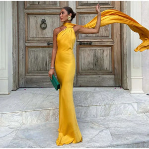Elegant Satin Ribbons Halter Party Dress Women's Sexy Backless Off Shoulder Sleeveless Robes 2025 Summer New Lady Evening Gowns