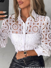 Load image into Gallery viewer, Lace Blouses For Women Elegant Office White Shirt Long Sleeve Button Turn-down Collar Sexy Hollow Tops Fashion Women's Clothing