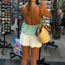 Load image into Gallery viewer, Bohemian Plaid Babydoll Tank Tops Coquette Tie-up Halter Neck Sleeveless Vest Summer Backless Crop Tops Women Holiday Streetwear