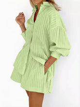 Load image into Gallery viewer, 2024 Spring Summer Solid Cotton Short Two Piece Set Women Stripe Long Sleeve Shirts Shorts 2 Piece Sets Simple Style Lady Suit