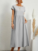 Load image into Gallery viewer, Women Vintage Solid Dress Summer Elegant O Neck Short Sleeve Cotton Linen Dresses Female Casual Loose Sundress Long Dress