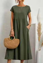 Load image into Gallery viewer, Women Vintage Solid Dress Summer Elegant O Neck Short Sleeve Cotton Linen Dresses Female Casual Loose Sundress Long Dress