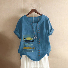 Load image into Gallery viewer, Women Cotton Linen Blouse Shirts Summer O-Neck Short Sleeve Vintage Floral Print Loose Tops WYLP-AL620409060860
