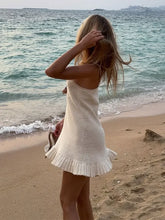 Load image into Gallery viewer, Sexy Crochet Halter V Neck Chic Ruffle Knit Beach Mini Dress 2026 Women Comfy Swimsuit Cover Up Seaside Holiday Club Dresses K58
