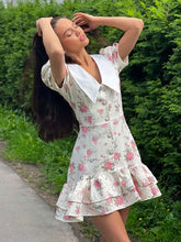 Load image into Gallery viewer, Flower Printed Lapel Mini Dress Women Casual Daily Short Sleeved V Neck A-line Fluffy Short Vestido 2025 New Summer Holiday Robe