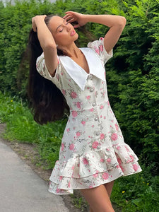 Flower Printed Lapel Mini Dress Women Casual Daily Short Sleeved V Neck A-line Fluffy Short Vestido 2025 New Summer Holiday Robe