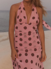 Load image into Gallery viewer, Pink Chiffon Polka Dot Printing Halter Maxi Dress Women Elegant Sleeveless Backless Skinny Pleated Robe Beach Evening Party Gown