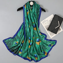 Load image into Gallery viewer, Green Peacock Feather Hijab Summer Beach Pareo Silk Scarf Women Luxury Bandana Soft Long Foulard Femme Designer Bufandas Mujer