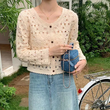Load image into Gallery viewer, Long Sleeve Crochet Top for Women Sheer Button Up Hollow Out Openwork Knit Cardigan Jacket Spring Summer Boho Vacation Outfit