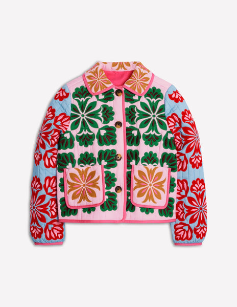 Women's Fashion Print Panelled Quilted Cotton Jacket Long Sleeve Pocket Cardigan Coat 2025 Autumn Winter Daily Casual Outerwear