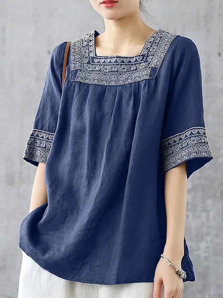 Elegant Women Square Neck Half Sleeve Work Blouses Summer Embroidery Shirt Fashion Holiday Tunic Tops Loose Blusas Mujer