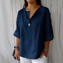 Load image into Gallery viewer, Summer Cotton Linen Blouses For Women 2025 Plus Size V-Neck Button Tee Shirts Casual Half Sleeve Black Tops Loose Women T Shirt