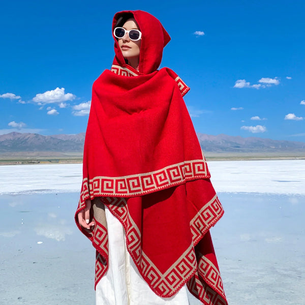 New Fine Ladies' Shawl Scarf with Geometric Pattern Borders Hooded Wrap Shawl Autumn Winter outdoor Travel Stylish Women