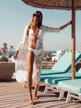 Load image into Gallery viewer, Fitshinling Bohemian White Beach Cover-Up Swimwear Sarong Embroidery Lace Kimono Sexy Transparent Long Cardigan Saida de Praia