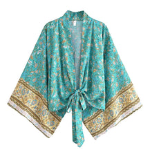 Load image into Gallery viewer, Happie Queens Floral Print Sashes Short  Kimono Women Fashion V Neck Batwing Sleeves Robe Lady Boho Bikini Cover-ups