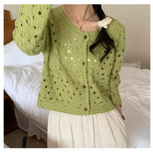 Load image into Gallery viewer, Long Sleeve Crochet Top for Women Sheer Button Up Hollow Out Openwork Knit Cardigan Jacket Spring Summer Boho Vacation Outfit