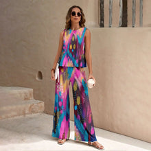 Load image into Gallery viewer, Harajuku Colorful Floral Pattern Print 2 Piece Womens Elegant O Neck Pullover And Straight Leg Pants Set Spring Summer Beach Set