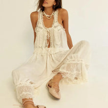 Load image into Gallery viewer, Women's Boho Vintage 2 Piece Pants Outfit Summer Casual Sleeveless Tie Front Lace Trim Tank Tops Drawstring Pants Sets