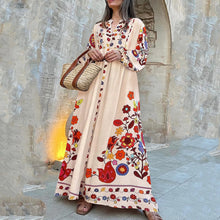 Load image into Gallery viewer, Summer V-neck Flower Print Loose Casual Fall Swing Dress Women Long Dress Long Sleeve Dress