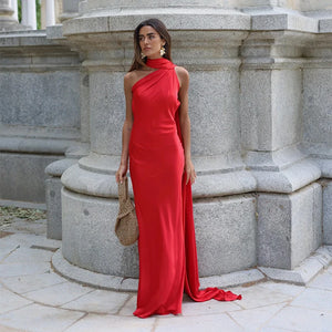 Elegant Satin Ribbons Halter Party Dress Women's Sexy Backless Off Shoulder Sleeveless Robes 2025 Summer New Lady Evening Gowns
