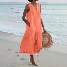 Load image into Gallery viewer, Summer Loose Casual Patchwork Cotton Linen Pocktes Dress V Neck Beach Style Dress Sleeveless Vintage Club Midi Solid Women Dress